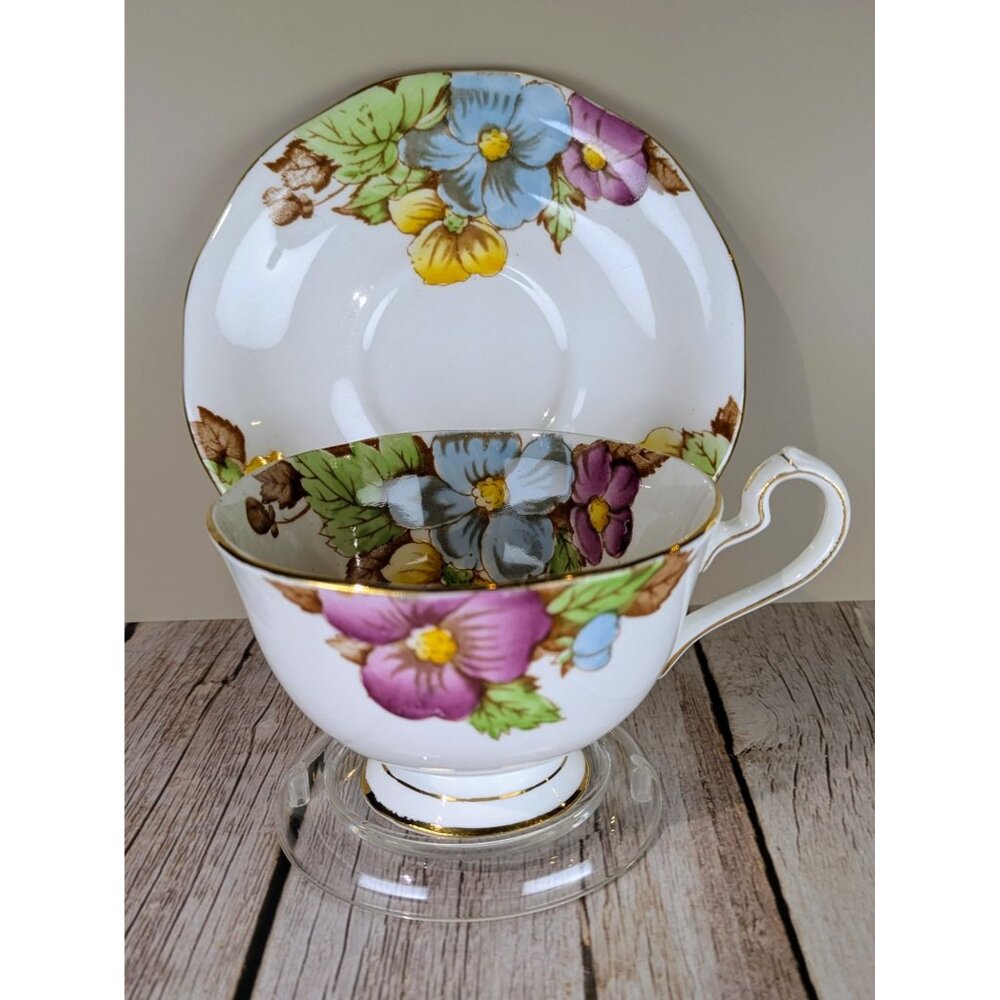 Vintage Bell China Fine Bone China Teacup and Saucer Set With Floral Pattern